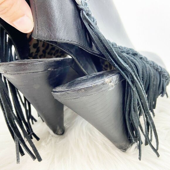 Reba 9 M Womens Black Leather Madame Fringe Ankle Booties - Picture 4 of 11
